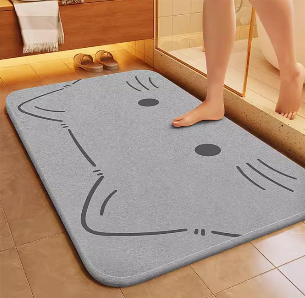 Cat Stone Bath Mat, 16"x12", Grey, Modern, Non-Slip, Machine Made, Cartoon Pattern