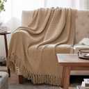 Bedsure Throw Blankets for Couch - Textured Chunky Knit Woven Chenille Blanket - Super Soft, Warm Decorative Boho Throw with Tassels for Bed, Sofa and Living Room Decor, Khaki, 50x60 Inches