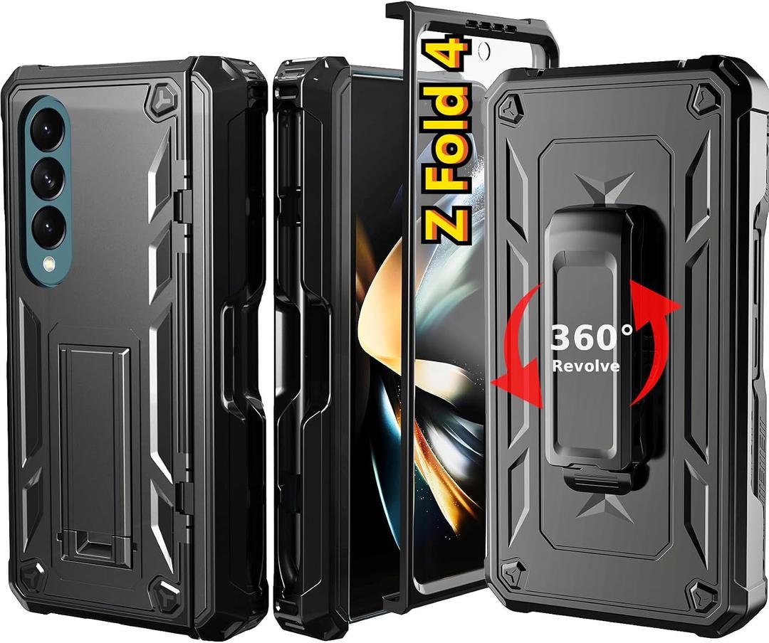 KJSK for Samsung Galaxy Z Fold 4 Case,with S Pen Holder+Belt Clip Holster+Built-in Kickstand+Hinge Protection,Heavy Duty Military Grade Drop Proof Case for Galaxy Z Fold 4(Black)