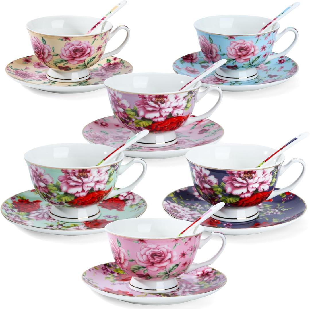 BTaT- Floral Tea Cups and Saucers with Spoon, 8 oz, 6 Set, Porcelain Tea Cups Sets, Dishwasher Safe