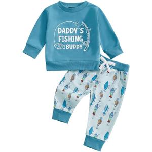 Toddler Baby Boy Fall Outfit Animal Embroidery Sweatshirt Long Pants Set Casual 2Pcs Hunting Outfit (A-Blue, 12-18 Months) (Blue)