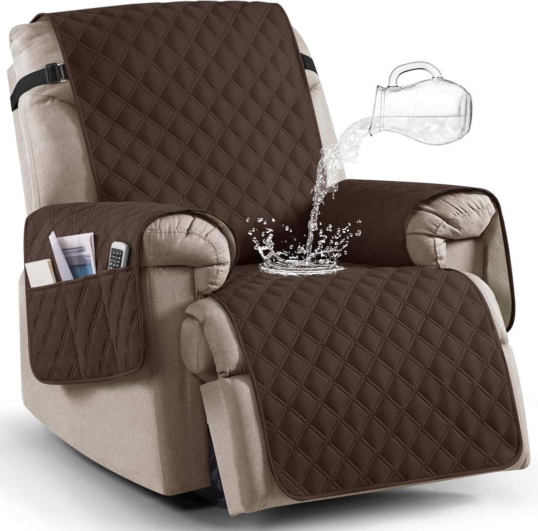 Ruaozz 100% Waterproof Recliner Chair Covers, Non-Slip Reclining Covers for Recliner Chair Washable Chair Cover, Recliner Covers with Pockets for Kids, Dogs, Pets (Dark Brown, 28'')