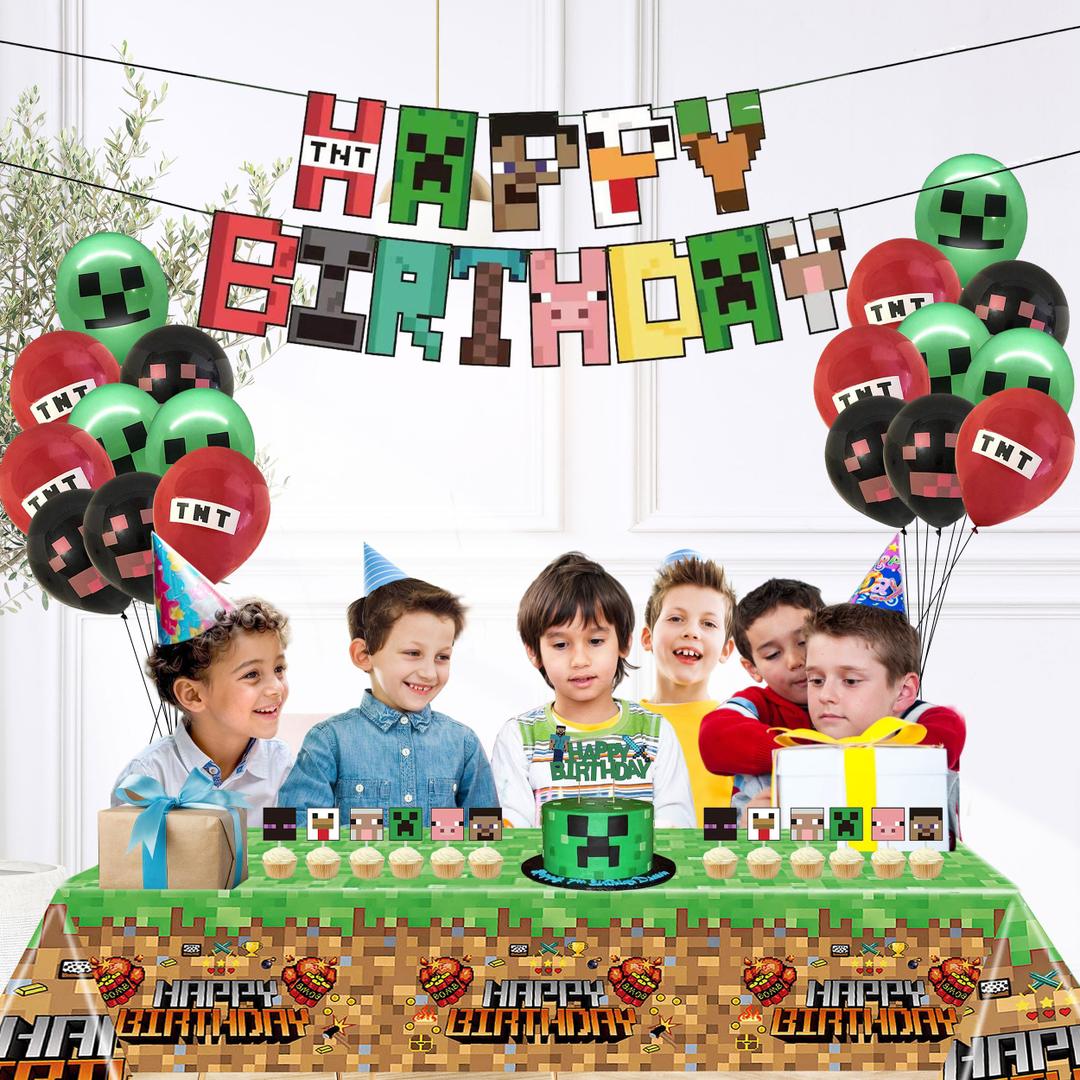 Minecraft Inspired Birthday Decorations, Party Decorations, Birthday Party Supplies, Banner, Balloons, Tablecloth, Backdrop, Cupcake Toppers, Large 