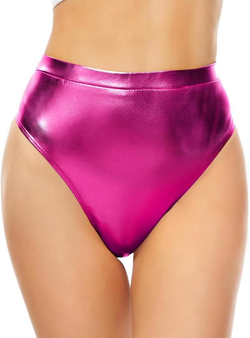 Kepblom Women's Thong Metallic Rave Bottoms Shiny High Waisted Panties for Festival Clubwear Dancing (Hot Pink), S