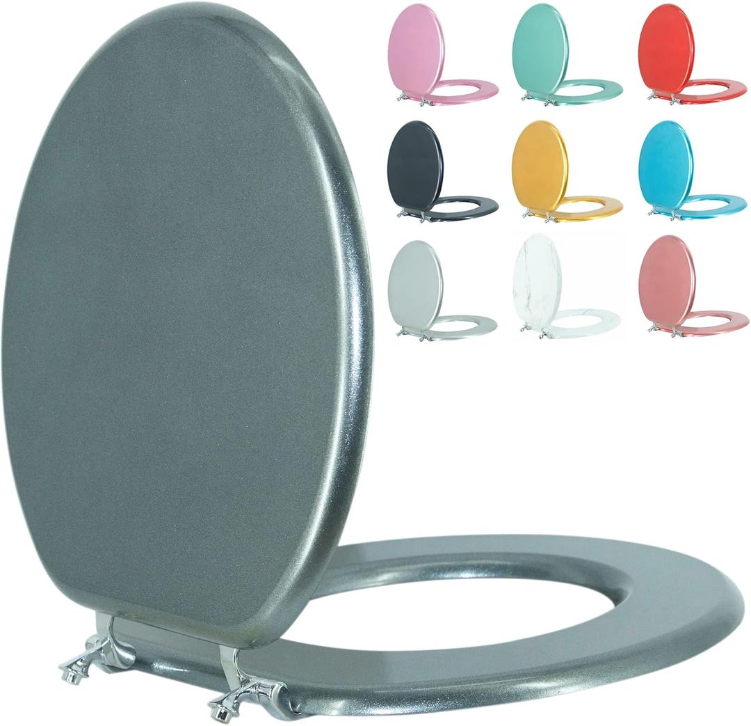 Round Toilet Seat Wood Toilet Seat Prevent Shifting with Zinc Alloy Hinges American Standard Size Toilet Seat Easy to Install also Easy to Clean(Round,Sparkling GentlemanGrey)
