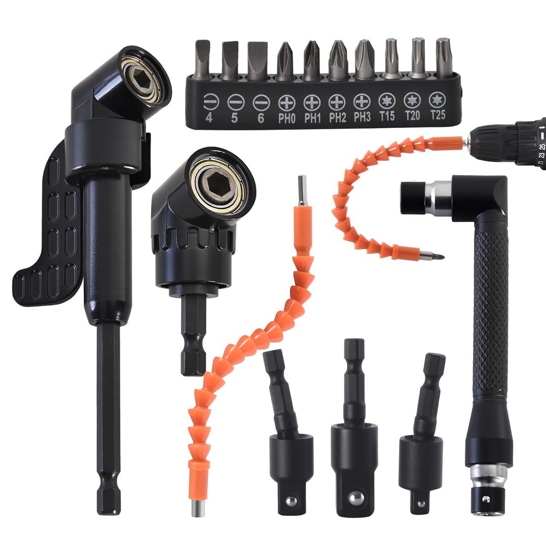 Flexible Drill Bit Extension Kit, 17Pcs with 360 Rotatable Socket Adapters (1/2" 3/8" 1/4"), 105 & 90 Right Angle Attachments, Screwdriver Bits & Bendable Extension