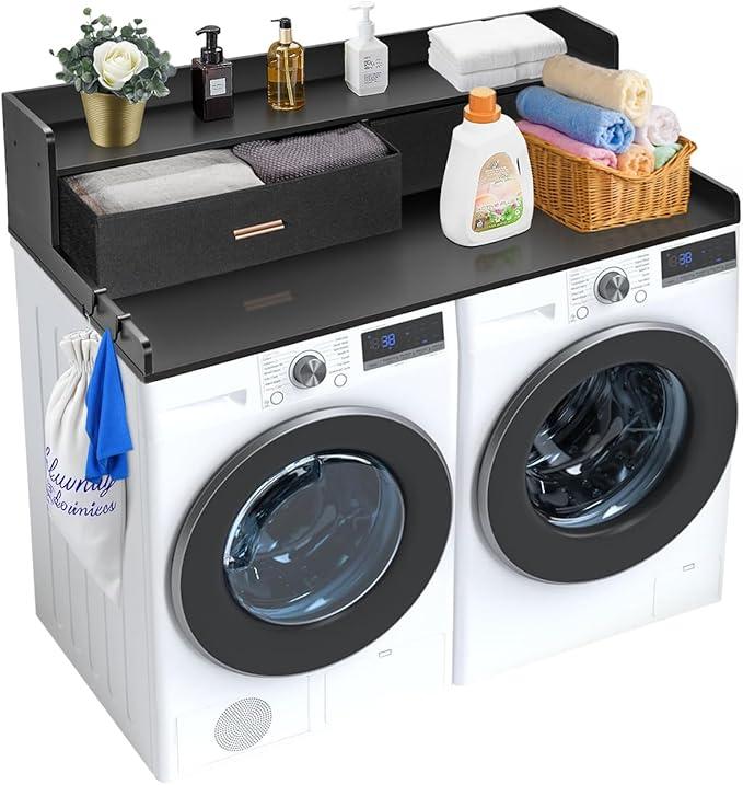 VEVOR 2 Drawers Washer Dryer Countertop with Shelf, 54" x 27" Wooden Laundry Countertop with 2 Hooks & Non-Slip Pads, Washer and Dryer Covers for The Top, Laundry Room Organization and Storage, Black VEVOR 2 Drawers Washer Dryer Countertop with Shelf, 54" x 27" Wooden Laundry Countertop with 2 Hooks & Non-Slip Pads, Washer and Dryer Covers for The Top, Laundry Room Organization and Storage, Black