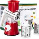 Rotary Cheese Grater Hand Crank Cheese Shredder with 3 Stainless Steel Blades, Rotary Grater, for Fresh Cheese, Vegetable, Nuts, Non-slip Suction Base, Red