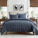 HORIMOTE HOME 100% Cotton Quilt Set King Size, Denim Blue Pre-Washed Bedspreads Coverlet Set in Geometric Pattern, Cozy Lightweight Stitching Decorative Bedding Cover with 2 Shams for All Season