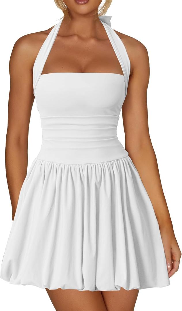 Kaximil Women's Sexy Halter Corset Mini Dress Bubble Ruched Waist Club Party Dresses with Built-in Shorts (White), S
