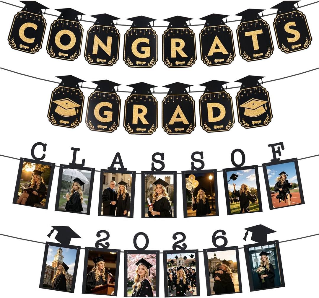 Congrats Grad & Class of 2026 Graduation Photo Banner for Party Decoration, Graduation Picture Display, Black and Gold Congratulations Graduate Banner