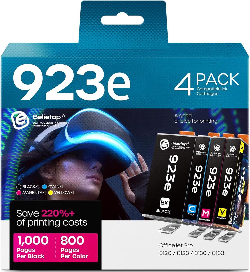 923e 923XL 923 Ink Cartridges Replacement for HP OfficeJet Pro 8120 8123 8130 8133 Printers-High Pages Yield (4 Pack, BK/C/M/Y)