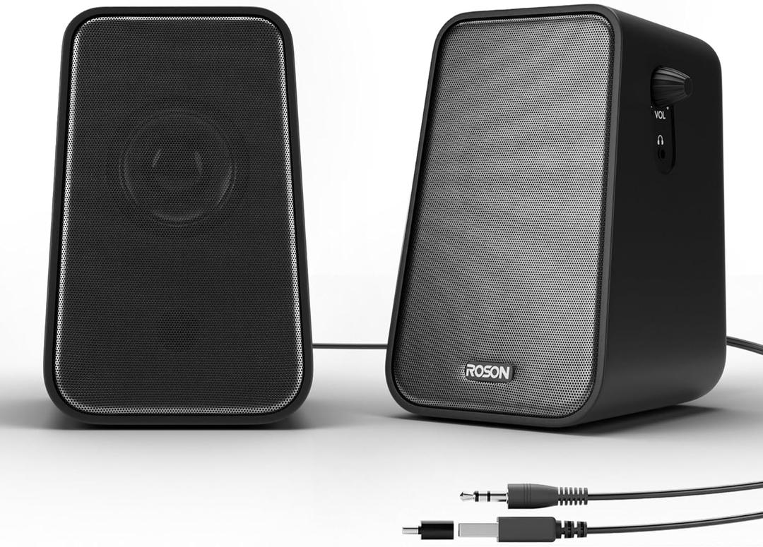 ROSON Computer Speaker, Compact Size Speaker with Headphone Jack, Enhanced Bass and Volume Control, Stereo 2.0 USB Powered 3.5mm Aux Multimedia Speakers for Laptop/Desktop/Tablets/Phone