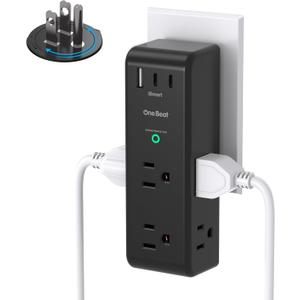 Surge Protector Outlet Extender with Rotating Plug, One Beat 6 AC Multi Plug Outlet with 3 USB Ports (2 USB C), 1800 Joules, 3-Sided Swivel Power Strip with Spaced Outlet Splitter for Office Dorm - BK