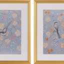 Gallery Solutions Set of 2 Framed Blue Bird Art Prints - 12x16 Matted Floral Prints with Gold Foil Frame for Bedroom, Bathroom, Living Room Wall Decor