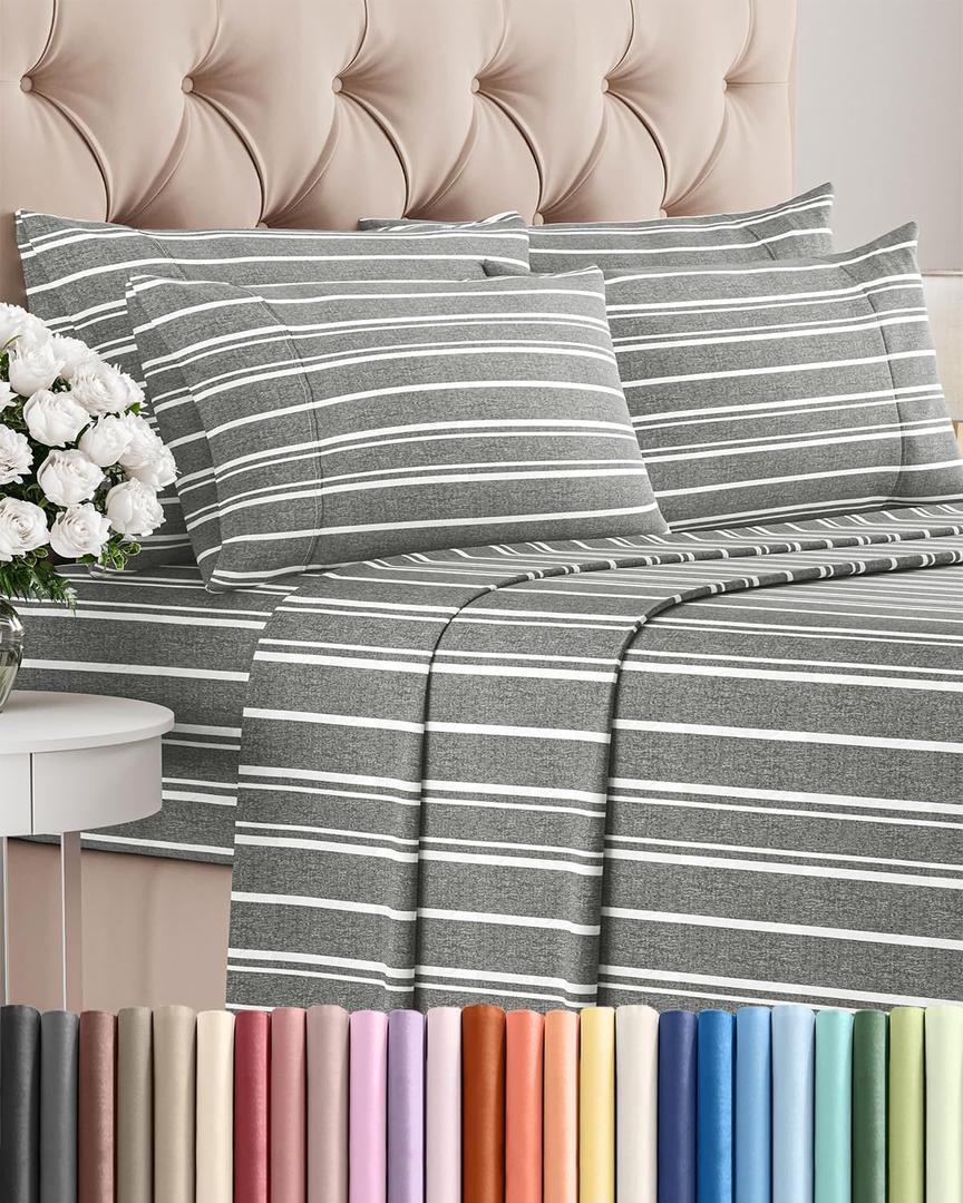 Cal King 6 Piece Sheet Set - Comfy, Breathable & Cooling - Soft Hotel Luxury Bedding for Women, Men, Kids, Teens & Children - 1 Flat & 1 Fitted Sheet & 4 Pillowcases w/ Deep Pockets - Grey Stripes 3