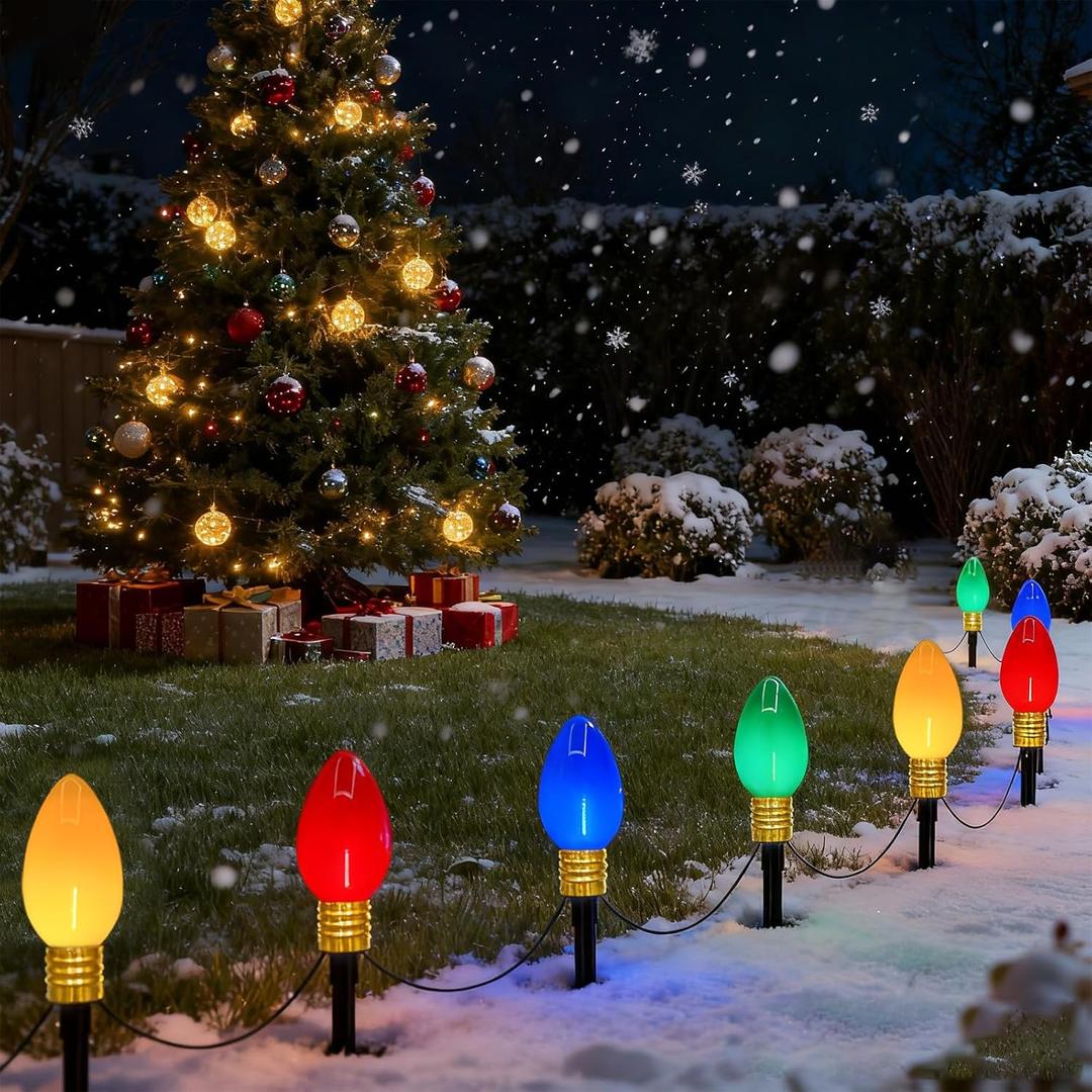 Jumbo C9 LED Christmas Pathway Lights Outdoor, 2 Pack 7 Ft Jumbo Christmas Lights with Pathway Marker Stakes, 8 Giant Multicolor Bulbs Outdoor Holiday Decorations for Lawn Yard Garden