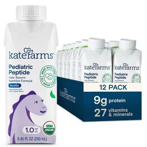 KATE FARMS Organic Pediatric Peptide 1.0 Formula, Vanilla, Sole-Source Hydrolyzed Plant-Based Nutrition for Oral or Tube Feeding, 8.45 oz (12 pack) (EXP 07/21/27)