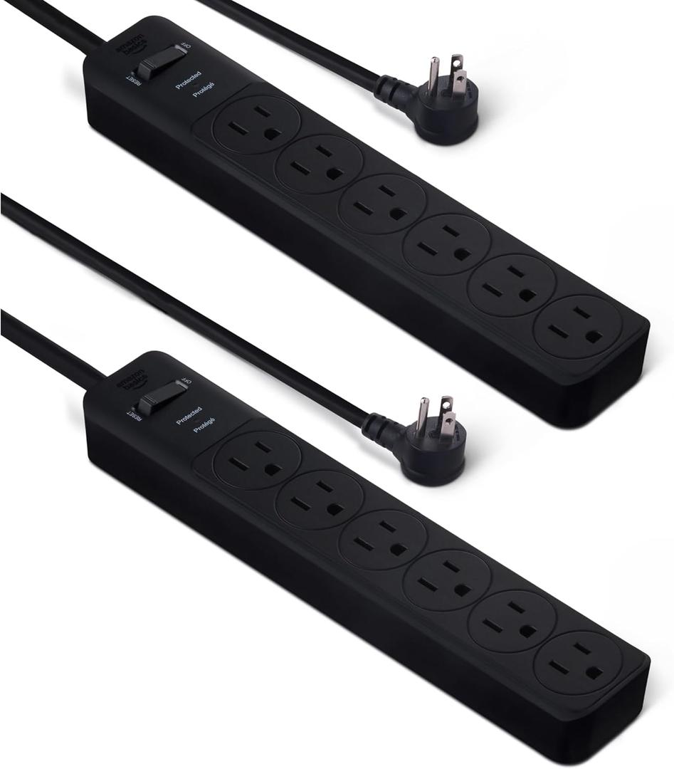 Amazon Basics Rectangle 6-Outlet Surge Protector Power Strip with Circuit Breaker, 600 Joule, 2ft Cord, Black, 2-Pack