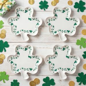 4 Pcs 5.91'' St. Patrick's Day Ceramic Plates Shamrock Candy Dishes Appetizer Salad Platters Clover Serving Bowl for St. Patrick's Day Party Tableware Dinnerware (White with Green)