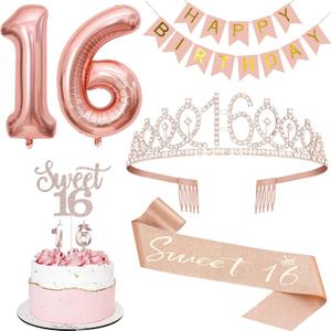 Sweet 16 Party Decorations, Including 16th Tiara and Sash, Happy Birthday Banner, Cake Toppers, Number Candles and Balloons Set, Rose Gold