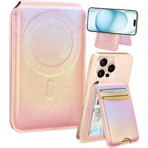 Shorogyt Compatible with Magsafe Wallet for Magnetic Fold Card Holder for Women - Cute Phone Wallet for iPhone 17/16/15/14/13/12 Series,RFID Blocking Stand Printed Leather Fit 5 Cards,Pk Purple