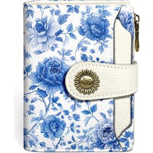 Icycay Floral Flowers Small Wallet Women RFID Blocking Bifold, Credit Card Holder, Zipper Coin Pocket, PU Leather, Compact, Travel, 4 ID Window, 14 Card Slots, Cash Purse, Ladies Woman Female Girls