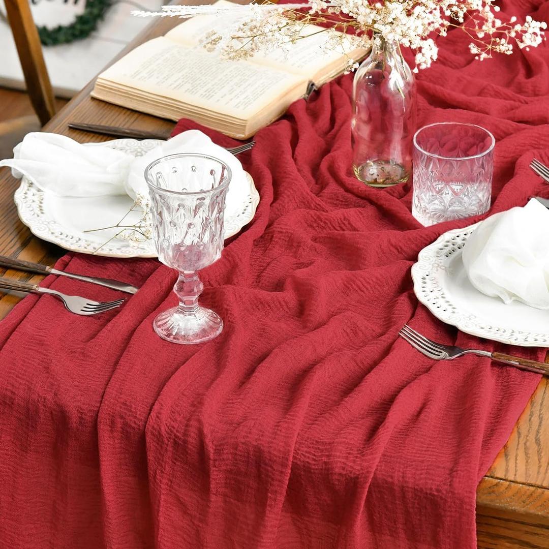 Artoid Mode Boho Gauze Red 3 Pieces Wedding Table Runner, 120 Inch Cheesecloth Christmas Fabric Kitchen Dining Holiday Table Decor for Home Party Indoor