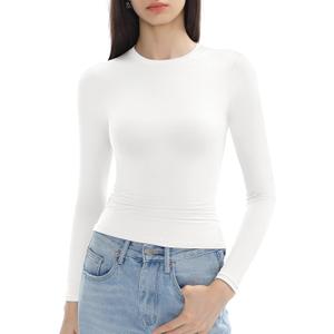 Women's Long Sleeve Shirts Crew Neck Slim Fit Going Out Tops Basic Tees Barely There Collection (White, XL)
