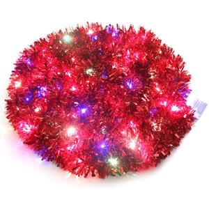 CCINEE Christmas Tinsel Garland, 33 Ft Red Garland with 100 Multicolored Battery Operated LED String Lights for Christmas Tree Decoration Wedding Party Supplies