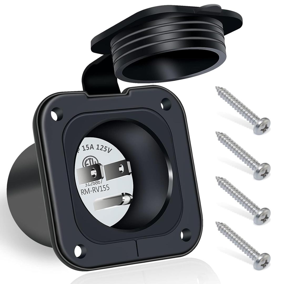 15 Amp Inlet, 125V Shore Power Inlet Power Inlet Port Plug NEMA 5-15P Male Receptacle RV Flanged Inlet with Waterproof Covers 2 Pole 3-Wire ETL Approved (No Cord)