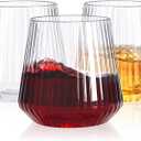 YOUBET 40 Pack Plastic Ribbed Wine Glasses - 14 OZ Clear Thicker Origami Stemless Disposable Wine Glasses - Heavy Duty Unbreakable Vintage Whiskey Cups for Wedding Parties Bar