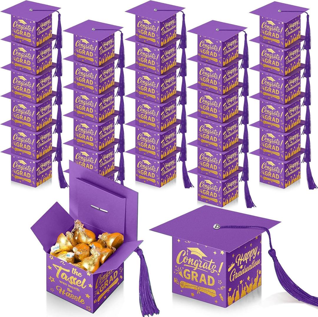 TaoBary 30 Pcs Graduation Cap Candy Box with Tassel Party Favors & Decorations - Purple