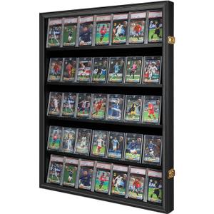 35 Graded Sports Card Display Case - Baseball Card Display Frame with UV Protection Clear View Lockable Wall Cabinet for Basketball Collectible Trading Card Black Finish (35 - Black - Vertical)