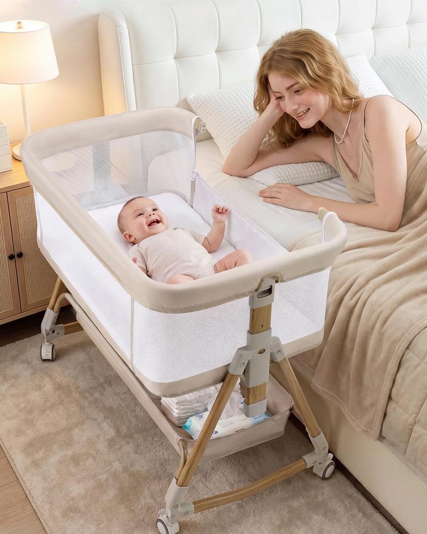 Baby Bassinet Bedside Crib, 3-in-1 Baby Bassinet Bedside Sleeper，Rocking Bedside Bassinet with Wheels, Adjustable Easy Folding Portable Bed for Infant Newborn (Beige)