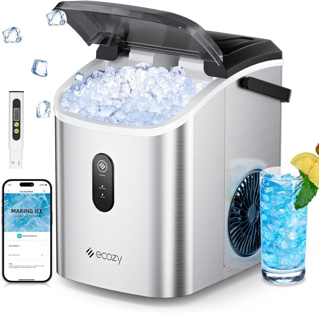 ecozy Nugget Ice Maker Countertop, Smart Portable Crushed Ice Maker with Voice Control, Pellet Chewable Ice 33lbs/24H, Self-Cleaning, with APP WiFi, Timer Function and Status Alerts, Bonus TDS Meter (Silver)