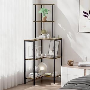 5 Tier Corner Shelf Stand, Cabinet Table with Open Shelf, Corner Table with Shelf, Multipurpose Display Organizer Storage Stand, Vintage Metal Bookshelf for Small Spaces Living Room Office (Brown)