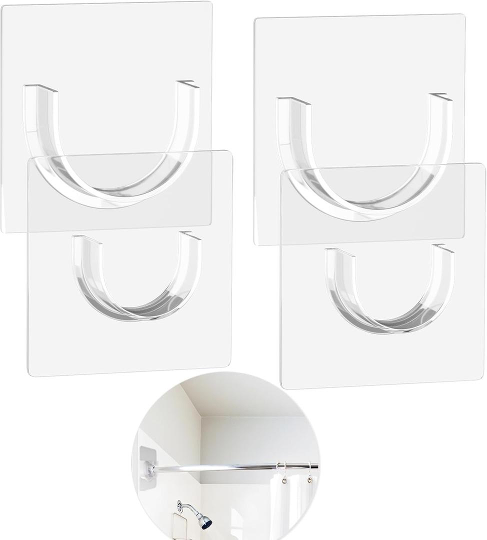 4 x 4 Pack Shower Curtain Rod Holder for Wall, Waterproof Shower Rod Holder with Strong Adhesive, Tension Curtain Rod Bracket No Drilling,Transparent(Rod Not Included)
