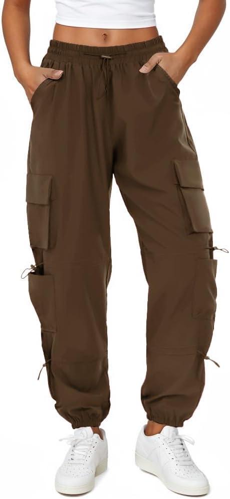COPYLEAF Womens Parachute Cargo Pants with Pockets Quick Dry Hiking Pants Lightweight Water-Resistant Baggy Joggers (Brown, S)