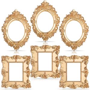 Leinuosen 6 Pcs Mini Gold Frames Tiny Vintage Resin Picture Holder Small Antique Gold Tiny Oval Rectangle Baroque Frames DIY Wall Hanging Picture Holder for Home Decor Photo Props, Without Backing