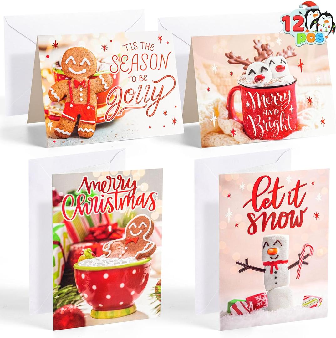 JOYIN 12 PCS Christmas Greeting Cards with Envelopes for Winter Holiday, Xmas Season Cute Note Cards Bulk, Happy Holiday, Warm Giving for Christmas, Thanksgiving all occasions