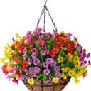 Artificial Faux Fake Hanging Flowers Plants Basket for Summer Outdoor Outside Decoration UV Resistant Fake Silk Colorful Daisy Eucalyptus for Porch Patio Balcony Yard Garden Home Decor