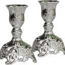Taper Candle Holders With Deluxe Engraved Design, Set of 2 Premium Metal Silver Candlestick Holders