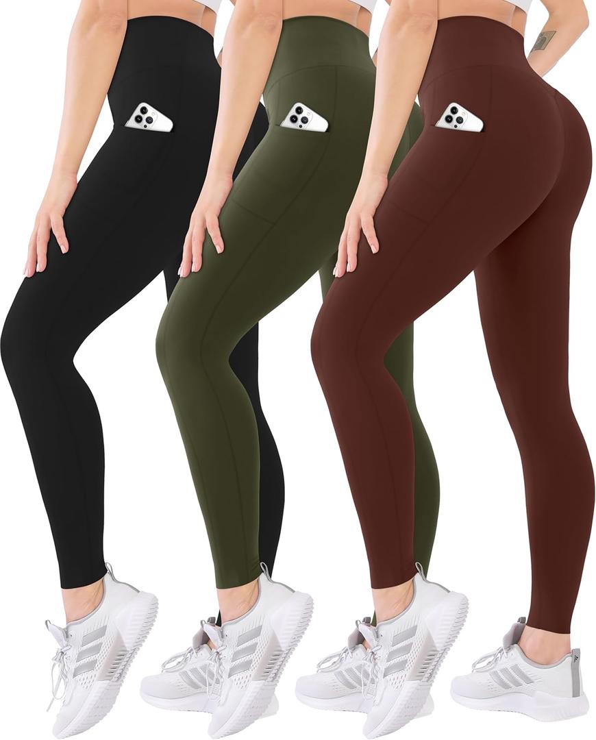 Blisset 3 Pack High Waisted Leggings for Women with Pockets Soft Active Tummy Control Pants for Yoga Running & Daily Wear (Large-X-Large, 018-black/Green/Brown)
