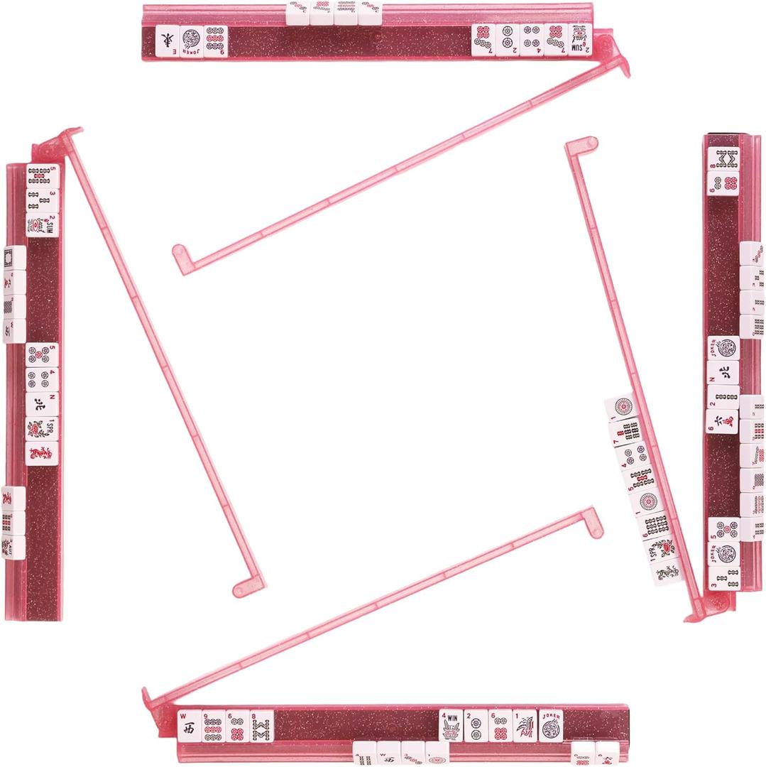 Mahjong Racks with Pushers, Anti-Slip Design Clear All-in-One Mahjong Racks and Pushers - Modern American Mahjong Tile Racks Set of 4 (Bling Pink)