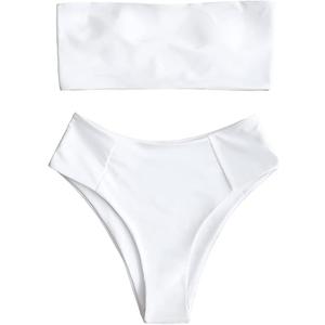 ZAFUL Women's High Cut Bandeau Bikini Set Strapless Solid Color 2 Pieces Bathing Suit Swimsuit, Large