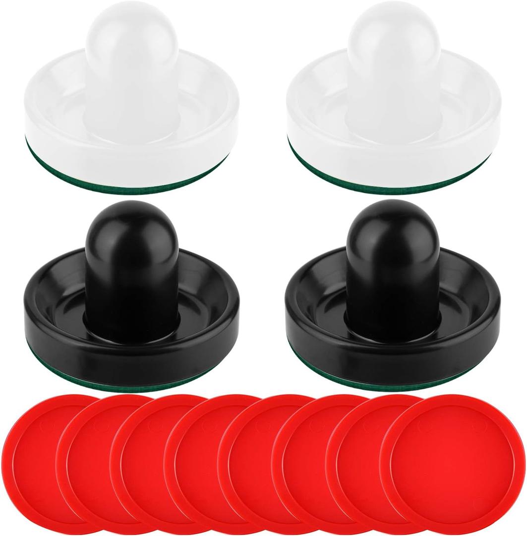 Coopay Air Hockey Pushers and Pucks, Air Hockey Paddles, Goal Handles Paddles Replacement Accessories for Game Tables (4 Striker, 8 Red Puck Pack) (White and Black)