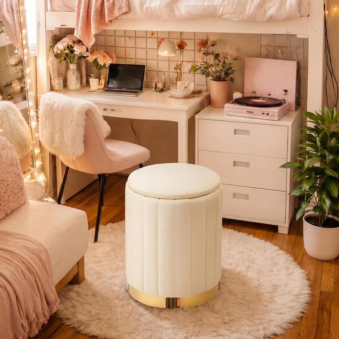 Yookeer Dorm Round Ottoman with Storage White Velvet Storage Ottoman with Removable Lid Support 330lbs Padded Seat Vanity Sorage Stool Footrest Stool for College Dorm Bedroom Living Room, 16.5"D x 12.2"W x 12.2"H