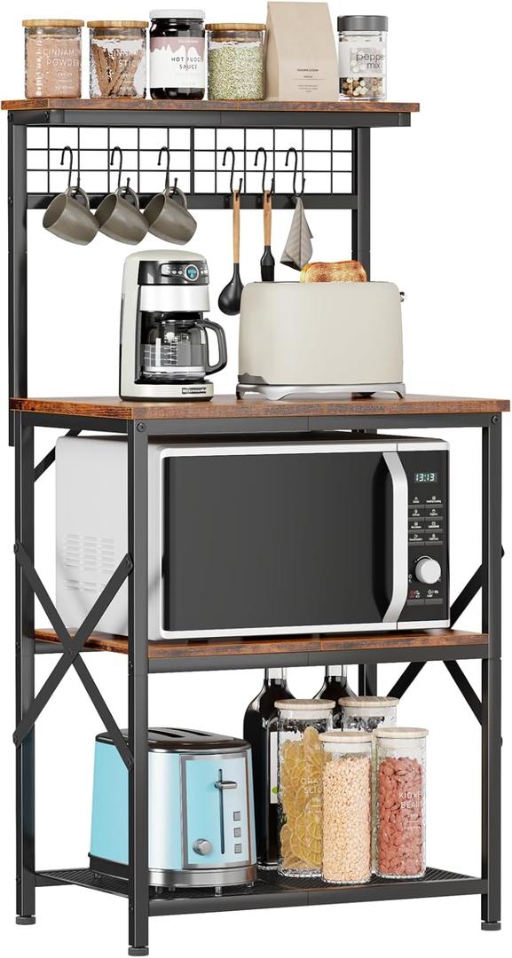 Furologee Kitchen Bakers Rack with Hutch, Coffee Bar Station 4 Tiers, Microwave Oven Stand with 6 S Hooks and Pegboard, Kitchen Microwave Rack for Spice Organizer Workstation, Rustic Brown