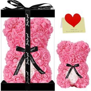 Double Couple Gift for Mom Women-Rose Cute Bear - Rose Adorable Teddy Artificial Bear - Best Gift for Valentines Day, Mothers Day, Anniversary, Birthdays- Clear Gift Box Included!10 Inches Tall (Pink)